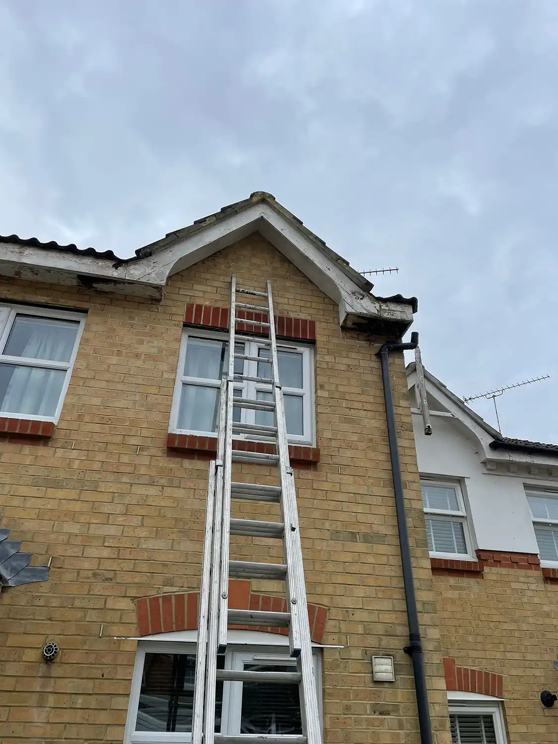 A ladder leaning up against a brick building.